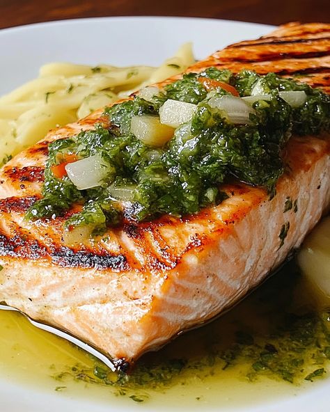 Grilled Salmon with Chimichurri - Ava Recipes Salmon With Chimichurri Sauce, Salmon Wedding, Grilled Trout, Outdoor Dinner Parties, Chimichurri Sauce, Grilled Fish, Grilled Salmon, Salmon Fillets, Grilled Meat