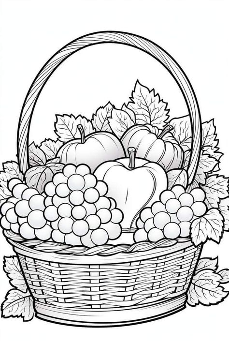 Fruit Basket Drawing For Kids, Fruit Basket Drawing, Fruits Coloring Pages, Grape Drawing, Cute Flower Drawing, Modern Hand Embroidery Patterns, Bible Verse Coloring Page, Free Kids Coloring Pages, Basket Drawing