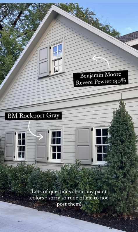 Revere Pewter Exterior, Pewter Benjamin Moore, Brick House Exterior Makeover, Benjamin Moore Exterior, Revere Pewter Benjamin Moore, Exterior Color Palette, Exterior Finishes, Popular Paint Colors, Cottages And Bungalows