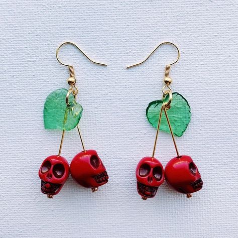 Cherry shaped skull earrings on white background Cherry Clay Earrings, Trendy Handmade Cherry Colored Earrings, Handmade Cherry Cute Earrings, Skull Cherry Earrings, Cheap Cherry Earrings, Skull Earrings, Clay Earrings, Bead Work, Etsy Earrings