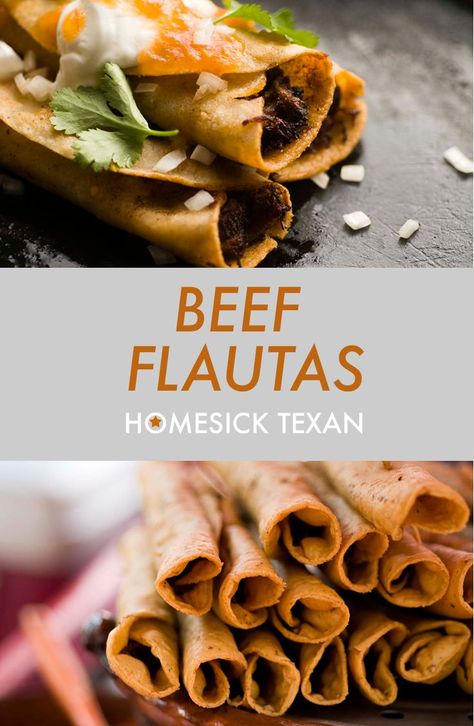 Tex-Mex beef flautas, crispy rolled tacos stuffed with slowly cooked shredded beef | Homesick Texan Southwest Meals, Beef Flautas Recipe, Rolled Tacos Recipe, Canned Beef Recipe, Texan Recipes, Beef Fillet Recipes, Beef Flautas, Quesadilla Recipes Beef, Rolled Tacos