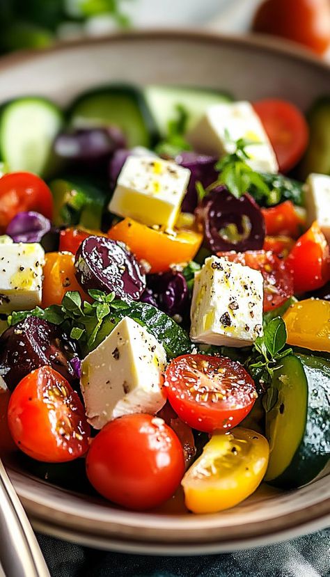 Enjoy the bright flavors of our Classic Refreshing Greek Salad! This vibrant dish features crisp cucumbers, juicy tomatoes, red onion, olives, and feta cheese, all tossed in a tangy dressing. Perfect as a side dish or light lunch, this salad is healthy and full of flavor. Ideal for summer gatherings or picnics, it’s a refreshing option that everyone will love! Summer Christmas Lunch, Salad Feta Cheese, Salad Feta, Salad Party, Greek Salad Recipe, Red Onion Salad, Greek Salad Recipes, Cheese All, Onion Salad