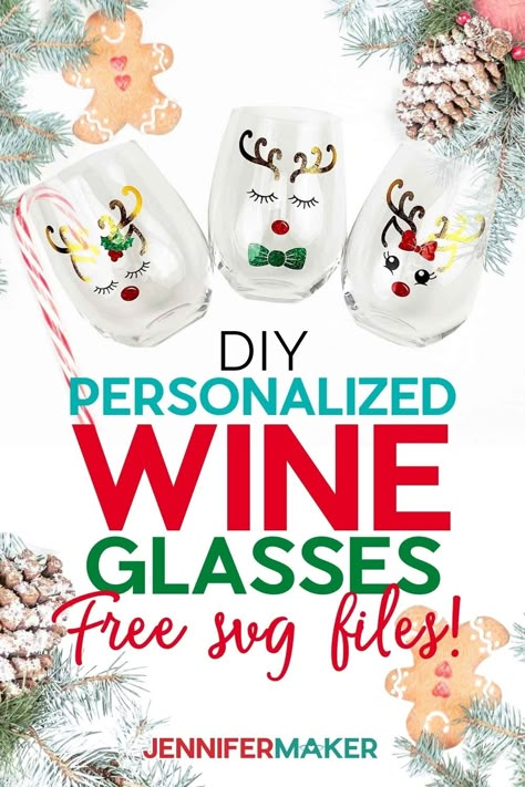 DIY Personalized Wine Glasses with cute reindeer design decals applied Cricut For Wine Glasses, Christmas Wine Glass Cricut Vinyl Decals, Cricut Wine Glasses Diy, Cricut Christmas Wine Glass Ideas, Etching Glassware Diy Cricut, Cricut Projects Glassware, Christmas Glasses Diy, Christmas Wine Glasses Vinyl, Personalized Wine Glasses Diy