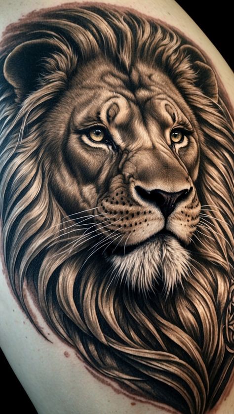 An intricate black-and-gray tattoo of a roaring lion with a flowing mane, surrounded by geometric patterns, designed as a sleeve on a forearm. Bold Tattoo Designs, Roaring Lion Tattoo, Worthy Aesthetic, Lion Shoulder Tattoo, Bold Tattoo, Gray Tattoo, Lion Tattoo Design, Roaring Lion, Detailed Tattoo