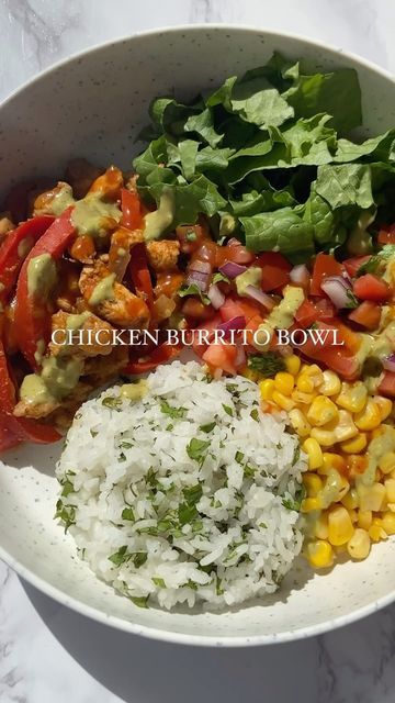 Sheila Williams on Instagram: "chicken burrito bowl | so versatile & perfect for lunch meal prep or weeknight dinner👏🏼 If you have avocado, add that too! •chicken breast cubed & sautéed with bell peppers, onions & Siete mild taco seasoning •cilantro rice •corn with TJ’s elote seasoning •green leaf lettuce •pico de gallo •mild hot sauce •creamy poblano sauce #burritobowl #easyrecipes #weeknightdinner #dinnerideas #lunchideas #healthyfoodshare #quickandeasymeals #healthydinners #mealprepideas" Elote Seasoning, Burrito Bowl Meal Prep, Poblano Sauce, Mild Taco Seasoning, Cilantro Rice, Leaf Lettuce, Chicken Burrito, Chicken Burrito Bowl, Chicken Burritos