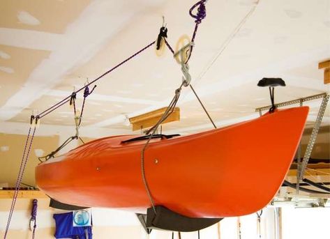 Diy Kayak Storage Rack, Kayak Hanger, Kayak Hoist, Diy Kayak Storage, Kayak Storage Garage, Garage Work Shop, Apartment Garage, Kayaking Ideas, Garage Ceiling Storage