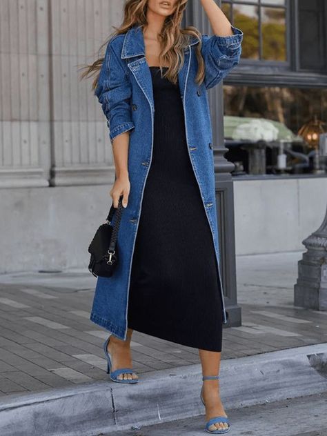 Urban Pockets  Plain Lapel Collar Denim Coat Womens Denim Duster, Cute Outfits From Shein, Denim Trench Coat Outfit, Outfits From Shein, Autumn Coats, Long Denim Jacket, Winter Outfits Ideas, Moda Denim, Trench Coat Outfit