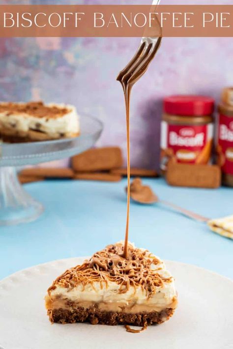 A classic British dessert recipe with a twist. This Biscoff Banoffee Pie is packed with Biscoff flavour, from the biscuit base, an extra Biscoff spread layer followed by caramel from scratch, all topped with fresh bananas oodles of cream and a Biscoff drizzle on top. If you love the flavour of Biscoff desserts, you need to try this. Making Banoffee pie from scratch is surprisingly simple too, just keep an eye on that caramel as it heats up! This Biscoff recipe is sure to please the whole ... Biscoff Banoffee Pie, Biscoff Drizzle, Biscoff Desserts, Easy Banoffee Pie, Banoffee Pie Recipe, British Sweets, Caramel Dessert, Pie From Scratch, Biscoff Recipes