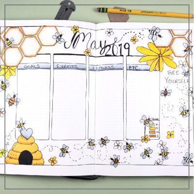 May bullet journal spread with a bee theme. Get inspired to doodle and create a May layout that celebrates honey bees and flowers. #maybulletjournal #bulletjournal #savethebees May Doodles, Honey Bee Theme, May Bullet Journal, Happy Planner Layout, Bullet Journal Paper, Dot Journals, Bullet Journal Themes, Bullet Journal Art, Journal Themes