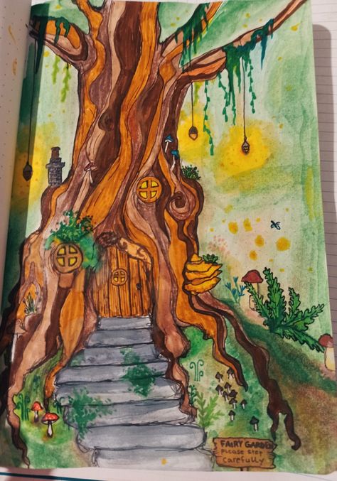 Drawing Ideas Fairy Core, Fairy Cottage Drawing, Fairy Forest Drawing, Fairy Core Drawing, Fairycore Drawing, Enchanted Drawing, How To Draw Fairies, Fairytale Drawings, Fairy Garden Drawing