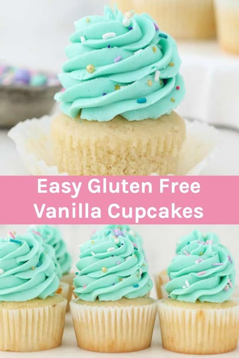 This Easy Gluten-Free Vanilla Cupcake recipe makes a fluffy, moist cupcake topped my my favorite vanilla buttercream frosting. #vanillacupcakes #glutenfreevanillacupcakes #glutenfreecupcakes Gluten Free Vanilla Cupcakes, Gluten Free Cupcake Recipe, Gluten Free Cupcakes Vanilla, Easy Vanilla Cupcakes, Moist Vanilla Cupcakes, Vanilla Cupcake Recipe, Gluten Free Cupcakes, Dessert Simple, Vanilla Buttercream Frosting