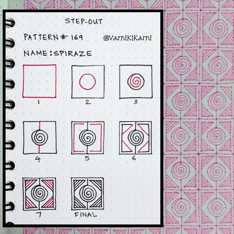 Step-out for Pattern # 169 Pattern name : Spiraze Pattern by : VarniKiKarni Steps to untangle tangle Create this pattern and tag… | Instagram Zen Tangle Patterns Step By Step, Zentangle Step Outs, Tangle Art Step By Step, Tangle Patterns Step By Step, Zentangle Fragments, Easy Patterns To Draw, Doodling Tutorial, Easy Zentangle Patterns, Easy Zentangle