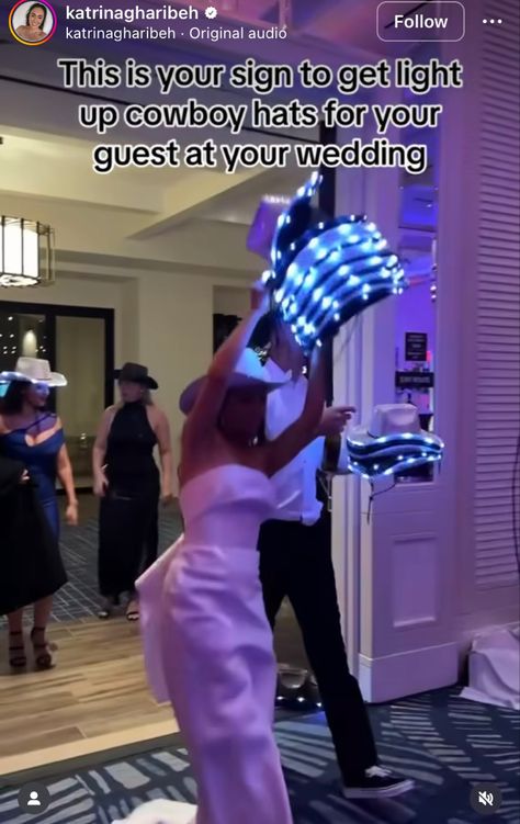 Wedding Light Up Cowboy Hats, Light Up Cowboy Hat Wedding Reception, Cowboy Hat Wedding Reception, Light Up Cowboy Hat Wedding, Wedding Reception Party Favors, Wedding Reception Dance Floor, Light Up Hats, Quince Themes, Dark Wedding Theme