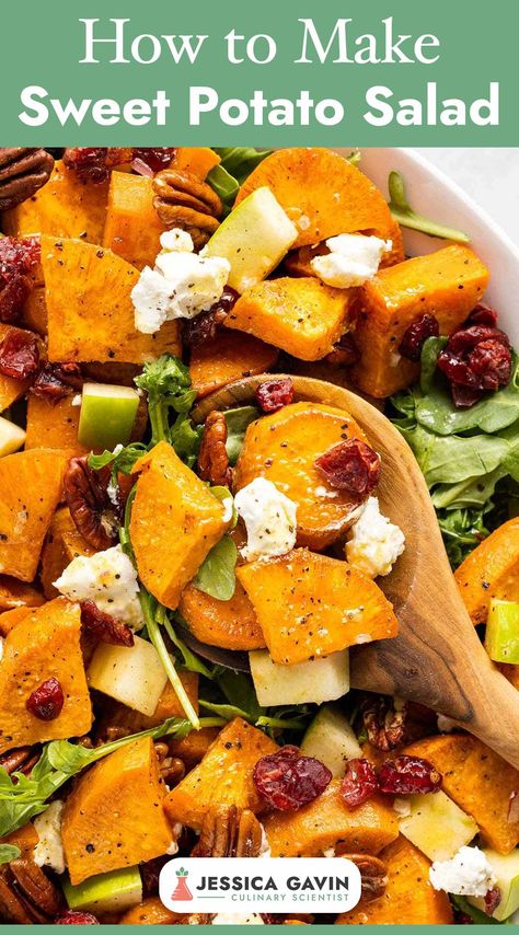 Hey there foodies! 🥔🥗 Introducing my mouthwatering Sweet Potato Salad recipe! 🌟 Made with tender roasted sweet potatoes and a tangy dressing, this salad is a flavor explosion you won't want to miss! 😋🌿 Whip it up for your next BBQ or potluck, and watch it disappear in seconds! 🙌💫 Get ready to savor every bite of this vibrant and satisfying sweet potato creation. Happy cooking! via @foodiegavin Dressing For Sweet Potato Salad, Sweet Potato Potluck Recipes, Sweet Potato Salad Dressing, Sweet Potato Salad Bowl, Roasted Sweet Potato Salad Recipe, Sweet Potato Salad Recipe Healthy, Sweet Potato Potato Salad, Sweet Potato Salads, Sweet Potatoe Salad