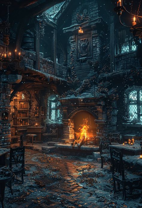 Interior of Ruined Medieval Mansion at Night Mideaval Art, Winterfell Interior, Medieval Interior Design, Castle Interior Medieval, Medieval Fireplace, Gothic Castle Interior, Mansion At Night, Medieval Castle Interior, Medieval Mansion