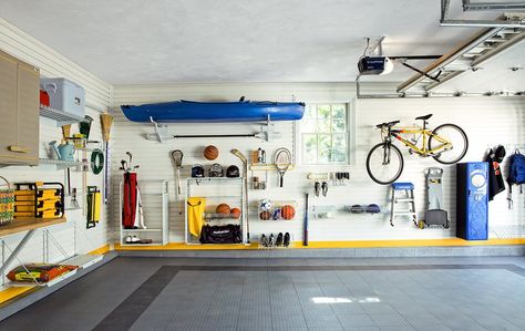 Keep items OFF the floor whenever possible – this is perhaps the single, most important clutter-busting tip when planning out and organizing your garage. Display Visual Merchandising, Pegboard Garage, Garage Ceiling Storage, Garage Wall Storage, Overhead Garage Storage, Overhead Garage, Ceiling Storage, Garage Organize, Overhead Storage