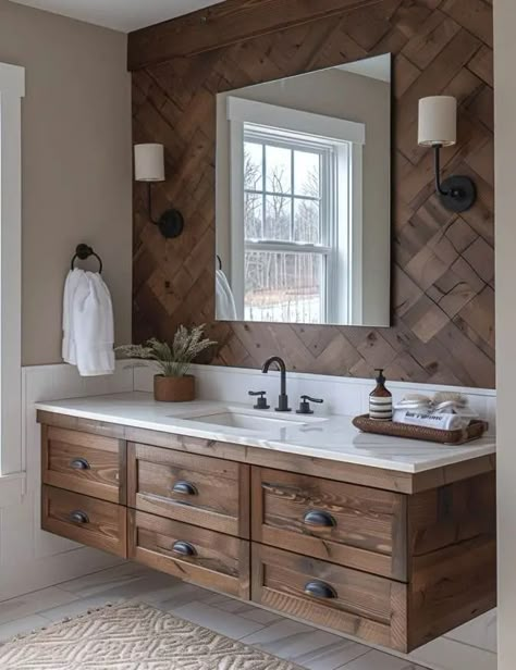 Cozy House In The Woods, Single Sink Bathroom Vanity Ideas, Reclaimed Wood Vanity, Minimalist Vanity, Rustic Farmhouse Bathroom, Bathroom Vanity Ideas, Vanity Counter, Minimalist Farmhouse, Farmhouse Bathroom Vanity