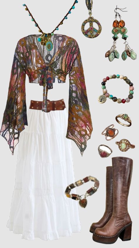 Boho outfit Bohemian Coachella Outfits, Boho Chic Winter Outfits, Boho Outfits Aesthetic, Earthy Boho Outfits, 1970 Clothing, Boho Aesthetic Outfit, 1970 Outfits, Boho Hippie Outfits, Celestial Dress