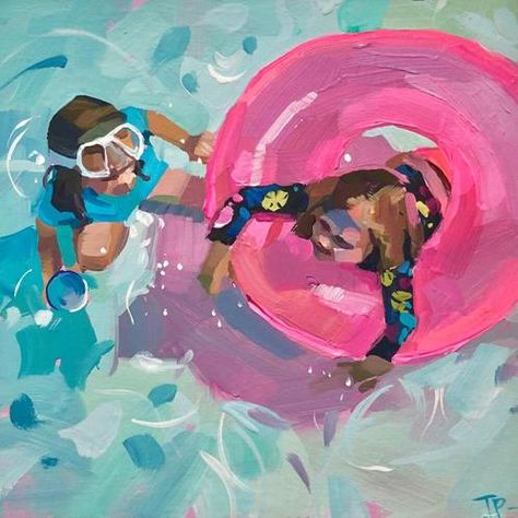 Pool Painting, Pool Painting Art, Swimming Pool Painting, Swimming Pool Painting Art, Pool Artwork, People Swimming Painting, Beachy Paintings, Beach Landscape Art, Dogs Playing Pool Painting