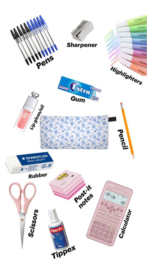 Essential items to keep in your pencil case! Extra Peppermint Gum, Pencil Case Essential, School Pencil Case, School Bag Essentials, Note 7, Essential Items, Pencil Bags, Essential Bag, Post It Notes