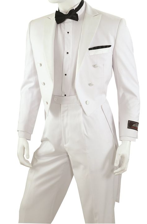 <div><div><div><p>Tuxedo with Tails</p> <p>6 Button Jacket</p> <p>Peak Lapel</p> <p>Single Pleated Pants</p> <p>Polyester / Rayon</p> <p>Dry Clean Only</p> <p>Imported</p> <p>All sizes displayed are jacket sizes. All suits come with pants lined to the knee. All pant sizes will be 6 inches smaller than the jacket size. For example a 42 jacket will come with a 36 waist pant. All pants will b Fae King, Collar Bar Shirt, White Blazer Men, Mens Double Breasted Blazer, Tuxedo With Tails, White Tux, Modern Fit Suit, Men's Tuxedo, Bar Shirt