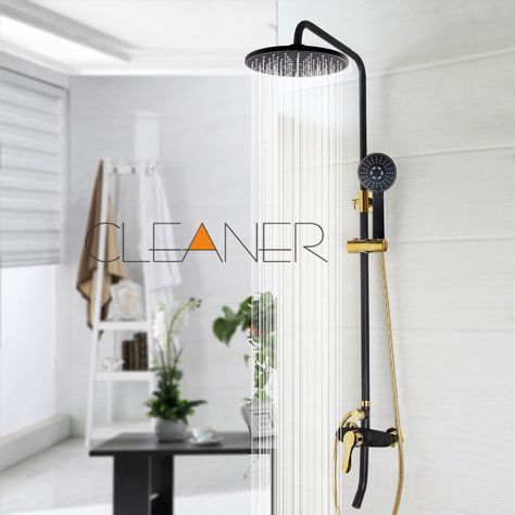 Black Gold-plated Wall Mounted Bath Shower Set Faucet Rotation Tub Spout + Handheld Shower Spray + Rainfall Head + Single Handle#gold-plated Gold Shower Fixtures, Gold Shower Head, Oil Rubbed Bronze Shower, Black Tub, Rain Shower System, Shower Spray, High Pressure Shower Head, Gold Shower, Shower Fixtures