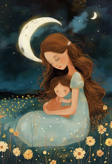 Immerse yourself in the whimsical beauty of our Mother's Day Digital Art - a perfect choice for a loving, heartfelt Mother's Day gift, instantly available for digital download! Witness the tenderness of a mother-daughter bond brought to life in an elegant and serene nightscape. Begin the journey with a high resolution digital download of our dreamy illustration - a unique Mother's Day art gift that can be instantly downloaded to adorn any space your mom cherishes. No need to wait for shipping. S Painting Of Mother And Daughter, Mom And Daughter Art Illustrations, Mother Love Pictures, Life Journey Illustration, Mother Illustration Art, Mom Daughter Art, Mother Day Illustration, Mom And Daughter Illustration, Waiting Illustration