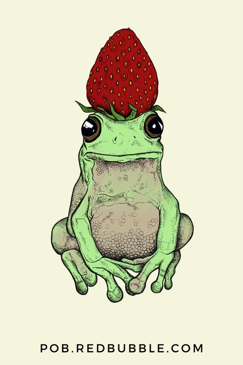 Illustration of a green frog with a red strawberry hat. Frog And Strawberry Drawing, Frog With Flower Hat Drawing, Strawberry Frog Drawing, Cottagecore Frog Drawing, Strawberry Hat Drawing, Goblincore Aesthetic Art, Frog And Mushroom Art, Cottagecore Painting Ideas, Frog With Strawberry Hat