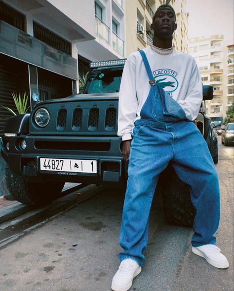 Overalls Outfit Men Aesthetic, Dungaree Men Outfit, Overall Men Outfits Street Styles, Blue Overalls Outfit Men, Overall Fits Men, 90s Jumpsuit Outfit, Overalls Outfit Men Street Styles, Overalls Men Outfits, Black Men’s Overalls Outfit