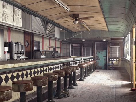 ArtStation - Abandoned Diner, Sardar Jaf Abandoned Diner, Haunted Asylums, Diner Aesthetic, Abandoned Property, Vintage Diner, Art Help, Night Sky Wallpaper, Liminal Spaces, Mystery Of History