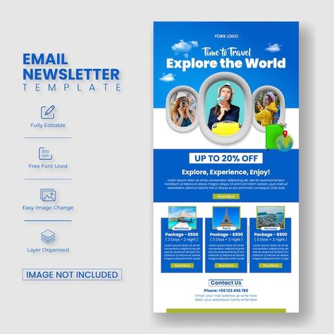 Travel and tourism email newsletter temp... | Premium Vector #Freepik #vector #vacation #tourism #tourist #vertical Travel Newsletter, Newsletter Design Layout, Email Marketing Template Design, Edm Design, Newsletter Examples, Website Interface, Mailer Design, Email Newsletter Template, Email Marketing Template