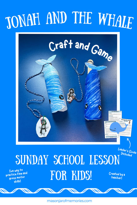 Jonah and the Whale Bible Story Lesson for Sunday School with a Craft and Game: Includes a Leader's Guide of the story of Jonah and the Big Fish. Image also includes photo of whale craft and game along with Jonah. Perfect for Sunday School or homeschool. Jonah Bible Story, Jonah And The Whale Craft, Jar Of Memories, Jonah Craft, Nursery Craft Ideas, Jonah Bible, Whale Craft, Sunday School Lessons For Kids, Children's Church Lessons