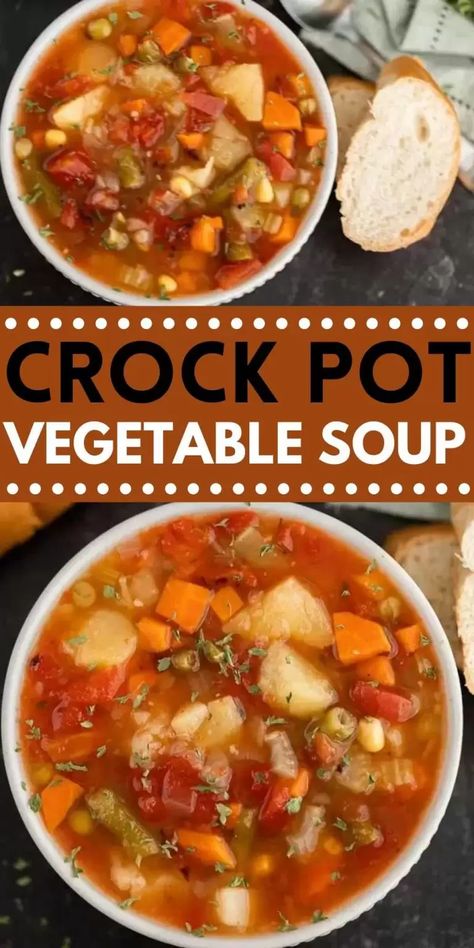 Slow Cooker Vegetable Soup Recipe (VIDEO) - Easy Vegetable Soup Slow Cooker Veggie Soup, Crock Pot Vegetable Soup, Fall Soups Crockpot, Slow Cooker Vegetable Soup, Vegetarian Vegetable Soup, Best Vegetable Soup Recipe, Vegetable Soup Crock Pot, Vegan Vegetable Soup, Crock Pot Vegetables