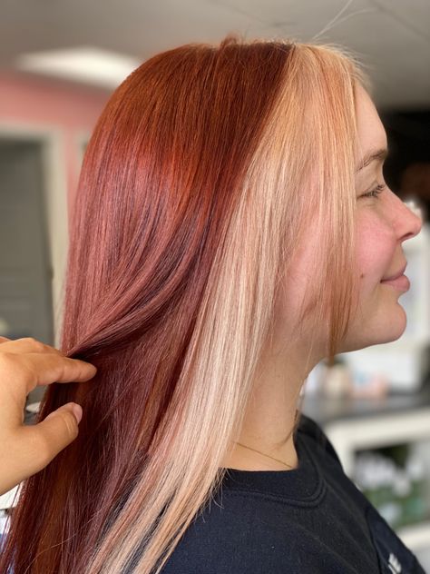 Copper Hair Blonde Halo, Copper Colour Block Hair, Red And Blonde Halo Hair, Ginger Halo Hair, Red Hair Blonde Halo, Blonde Halo Hair Color With Red, Copper Halo Hair, Red Hair With Blonde Halo, Red With Blonde Underneath