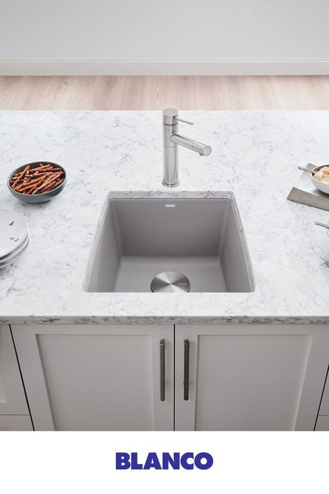 Prep in style with even more material options. Increase the functionality of your kitchen with a BLANCO PRECIS BAR sink and ALTA faucet. Bar Renovation, Single Sink Kitchen, Undermount Bar Sink, Colored Sinks, Silgranit Sink, Stone Tub, Family Bar, Bathroom Console, Bathroom Vanity Sizes