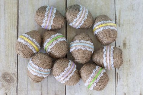 DIY Twine Wrapped Plastic Easter Eggs with Lace and Ribbon Twine Wrapped Easter Eggs, Easter Egg Fabric, Twine Crafts, Twine Diy, Easter Arts And Crafts, Easter Hunt, Plastic Easter Eggs, Easter Eggs Diy, Easter Bunny Crafts