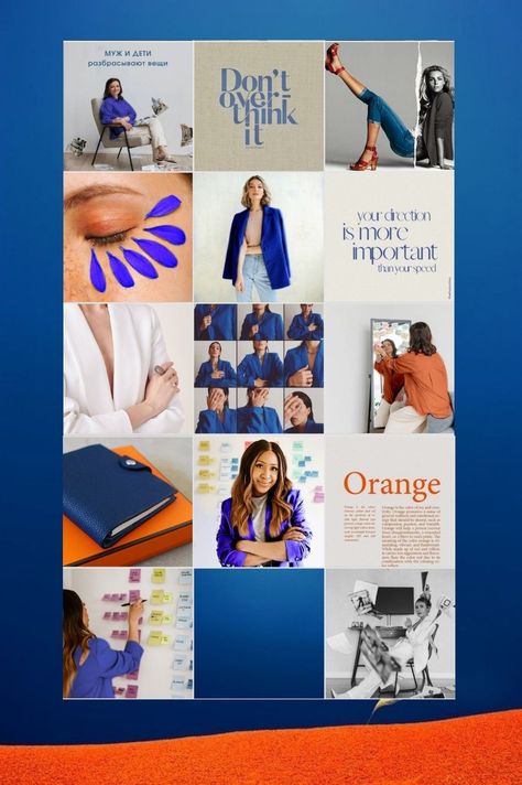 The use of visuals in Instagram feeds can help to improve engagement and brand awareness. By creating visually appealing and engaging content, brands can attract new followers and keep existing ones #Vibrant_Instagram_Feed #Clothing_Brand_Instagram_Layout #Insta_Layout_Ideas #Blue_Feeds Orange And Blue Instagram Feed, Clothing Brand Instagram Layout, Instagram Feed Design, Blue Feeds, Instagram Branding Design, Navy Blue Design, Instagram Feed Layout, Feed Insta, Instagram Theme Feed