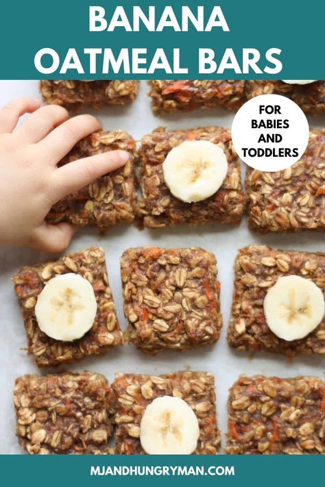 Soft and chewy, these healthy banana oatmeal bars are super easy to make with just a handful of pantry items. They're the perfect make-ahead, grab-n-go breakfast, snack, or dessert. Soft Baked Banana Oatmeal Bars, Toddler Snacks With Banana, Toddler Banana Oatmeal Bars, No Bake Toddler Snacks, Toddler Oatmeal Bites, Baby Oatmeal Bars, Toddler Oatmeal Bars, Oat Bars For Toddlers, Oatmeal Bars For Toddlers