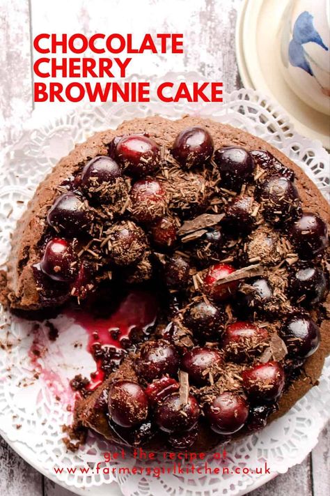 Chocolate Cherry Recipes, Chocolate And Cherry Cake, Chocolate Cherry Dessert Recipes, Chocolate Cherry Desserts, Cherry Chocolate Cake, Fudgy Chocolate Cake, Brownie Cake Recipe, Cherry Recipes Dessert, Recipe Development