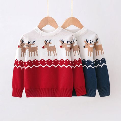 Kids pullover sweaters with cute elk patterns, crew neck, rib hem. Size is from 100 - 140 cm, for 2 - 7 years old boys and girls. Wool Clothing, Boys Sweaters, Kids Outerwear, Winter Kids, Boys Christmas, Knitting Girls, Warm Sweaters, Kids Sweater, Girls Sweaters