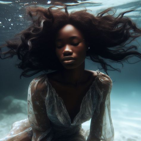 Black Woman Underwater, Woman Underwater Photography, Hair In Water, Big Oil Painting, Hair Underwater, Underwater Hair, Black Surrealism, Woman Underwater, Bday Vibes