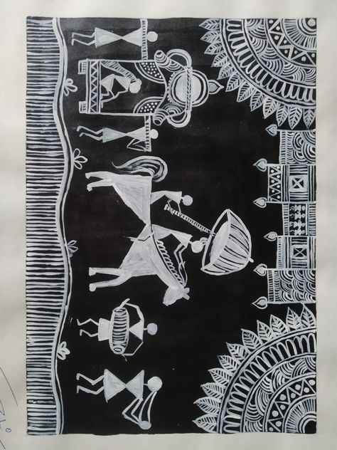 Folk art Warli Arts, Black And White Elephant, Warli Paintings, Worli Painting, Warli Painting, Warli Art, Composition Painting, Coaster Crafts, Art Frames