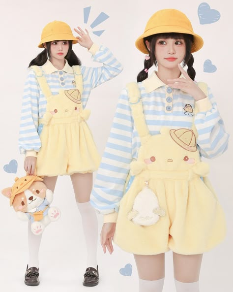 Skirt Overalls Outfit, Kawaii Cutecore, Slay Outfits, Overalls Outfit, Cool Kids Clothes, Blue Striped Top, Yellow Hat, Concept Clothing, Pants Details