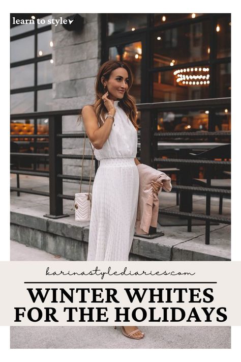 Visit here to check out Winter Whites for the Holidays on KARINA STYLE DIARIES! If you are looking for holiday outfit ideas then this is the blog post for you! Get inspired to try out winter white clothing for your next holiday party. You will love the Christmas garments this blog post has to offer as well. Be sure to try out these winter dresses and white jumpsuits. There is nothing better than a white Christmas. #white #dress #jumpsuit #Christmas #partyoutfit All White Holiday Party Outfit, How To Wear White Dress In Winter, Winter White Outfit Dressy, White Christmas Outfit Ideas For Women, Winter White Dress Outfit, White Dress Christmas Outfit, All White Christmas Outfit, White Christmas Party Outfit, White Dress Winter Outfit