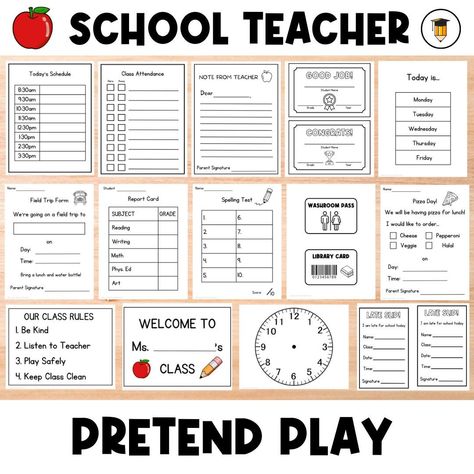 School Dramatic Play Teacher Play Learning Pretend Play Preschool and Toddler Activities Homeschool Busy Book School Printable - Etsy | Dramatic play printables, Dramatic play, Busy book School Pretend Play Ideas, Teacher Rp Classroom Ideas, Random Things To Print, Playing School Ideas Pretend, Playing Teacher Pretend, Whiteboard Teacher Ideas, Pretend Teacher Ideas For Kids, Pretend School Ideas, Teacher Roleplay Ideas