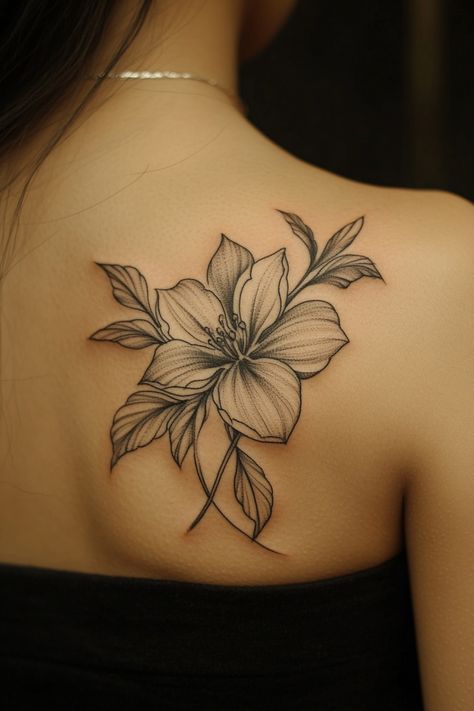 A detailed black and grey flower tattoo on a person's shoulder. Gardenia Flower Tattoo, Unique Nature Tattoos, Tattoo Back Women, Flower Tattoo Ideas For Women, Buttercup Tattoo, Daisy Chain Tattoo, Gardenia Tattoo, Small Daisy Tattoo, Flower Symbols