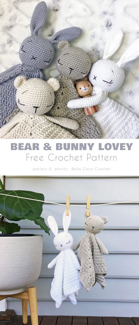 Cute Baby Lovey Free Patterns Crochet Lovey Free Pattern, Bear And Bunny, Crochet Baby Projects, Hantverk Diy, Bunny Lovey, Crochet Baby Gifts, Lovey Pattern, Crochet Lovey, Crochet Toys Free