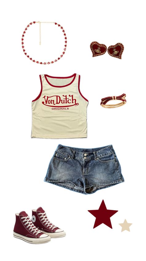 von dutch tank top, vintage jean shorts, dark red converse, red jewelry women’s outfit Von Dutch Outfit, Dark Red Converse, Dark Red Top, Converse Outfit, Vintage Jean Shorts, Converse Red, Red Converse, Vintage Outfit, Von Dutch