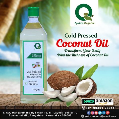 Qwinz Organic Cold Pressed Coconut Oil ✔Transform Your Body With the Richness of Coconut Oil ☎Contact Number : 9976102530 #qwinz #organic #oil #groundnut #original #healthy #coconut #oil #coconutoil #chekkuoil #coldpressedoils #goodinhealth #naturaloils #chekku Cold Pressed Coconut Oil, Cold Pressed, Organic Oil, Natural Oils, Coconut Oil, Healthy Eating, Coconut, Health