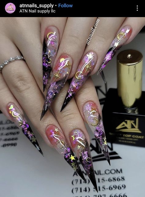 Cosmic Nails, Star Nail Designs, Encapsulated Nails, Luminous Nails, Witchy Nails, Pointy Nails, Punk Nails, Claw Nails, Swarovski Nails